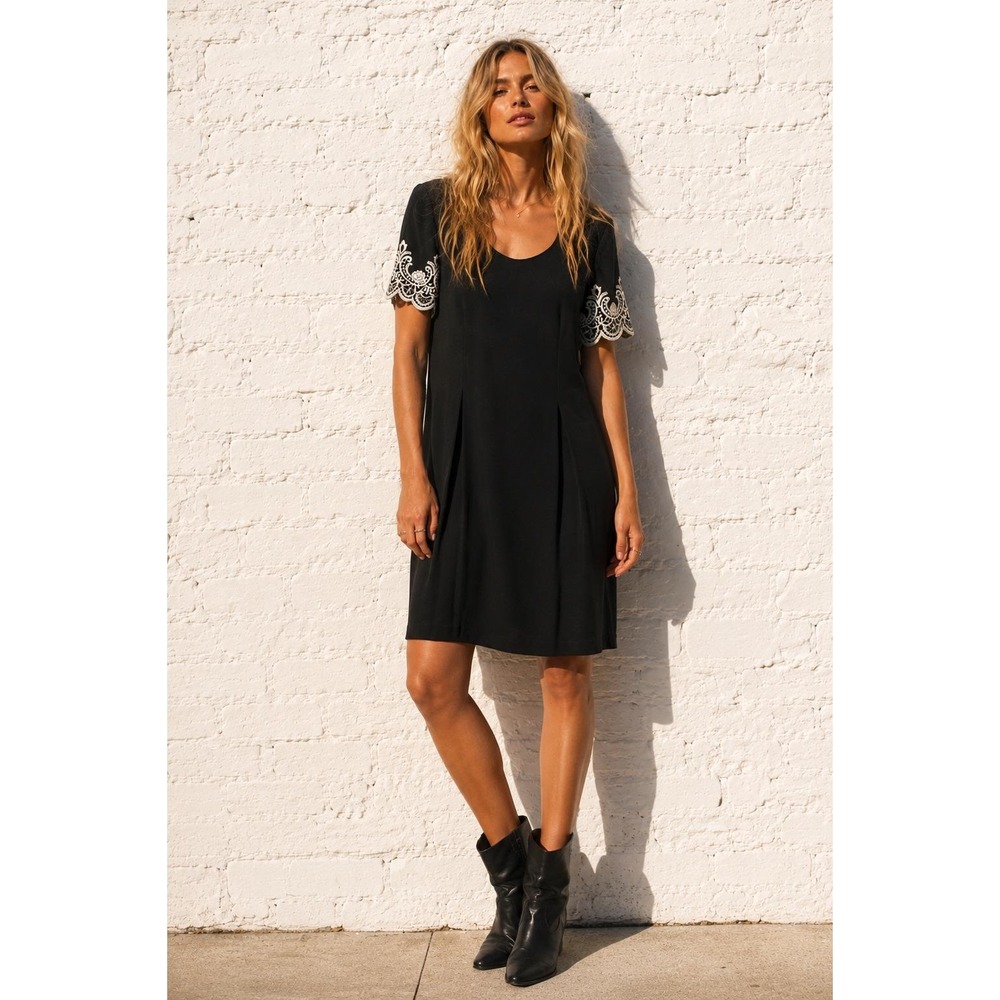 Vintage S.L. Fashions Black Rayon Shift Dress Lace Sleeve Cocktail 14P
